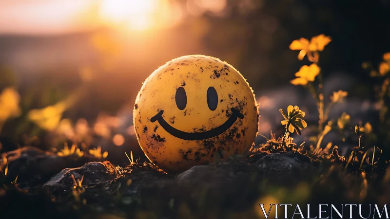 Dirty smiley face ball resting in warm sunset field.