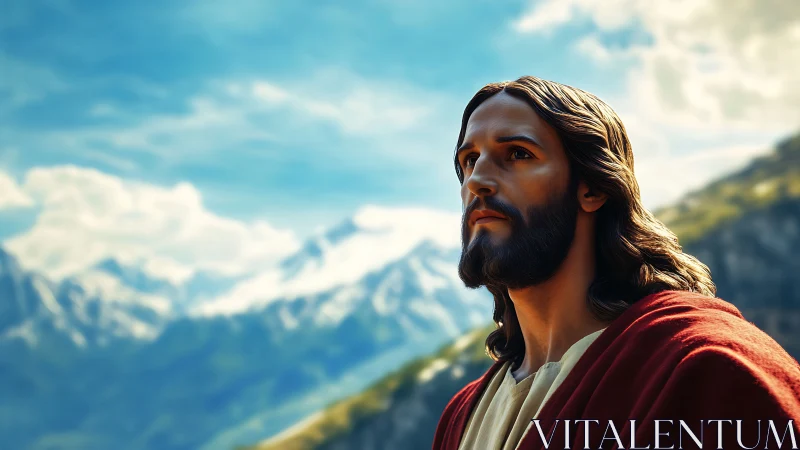 Serene robed figure gazing toward bright mountain skies.