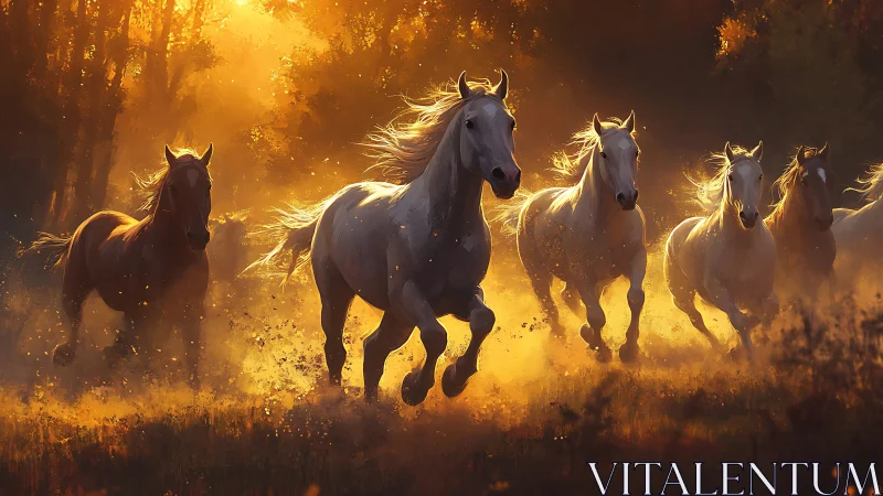 Wild white horses charge through blazing golden forest light