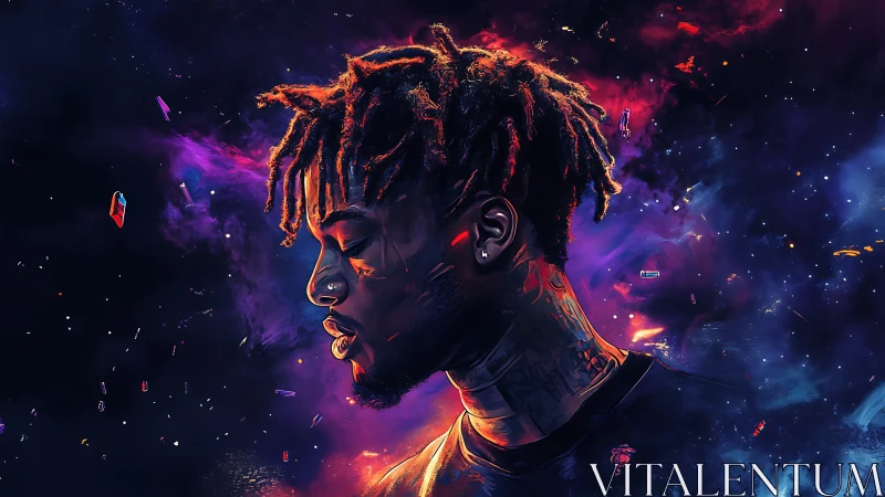 Neon cosmic portrait of cyberpunk man in profile view.