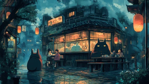 Rainy alley ramen shop with lantern-lit yokai patrons at night