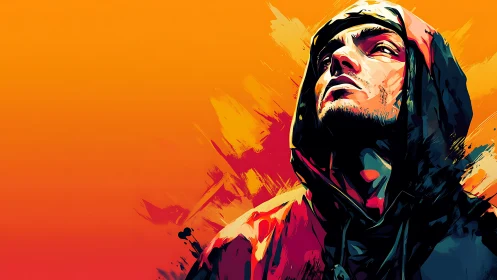 Hooded portrait in neon brush strokes against orange field.