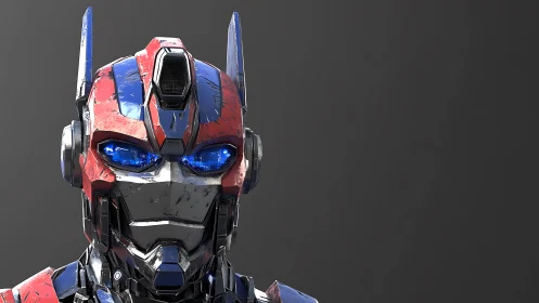 Battleworn red blue combat robot with glowing blue eyes.