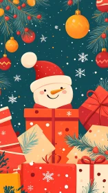Vector snowman portrait embedded in stacked gift box composition
