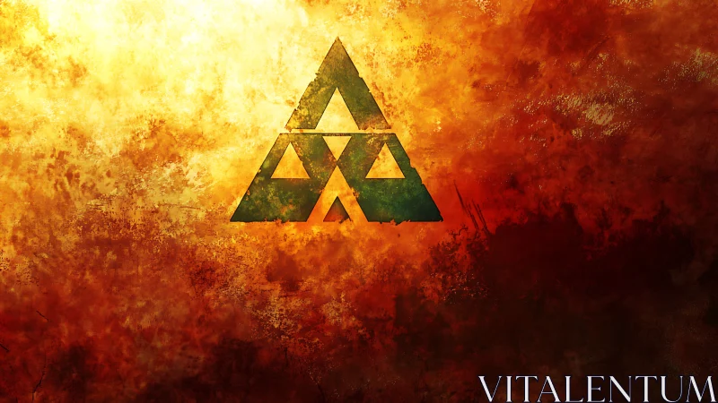 Geometric triangle emblem glows against fiery textured haze