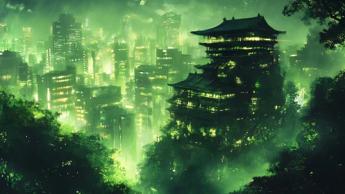Neon green city skyline with towering pagoda in rain.