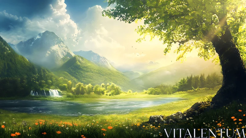 Golden valley sunrise wraps mountains, river and wildflowers