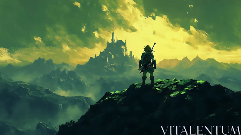 Lone fantasy hero gazes toward stormlit emerald kingdom.