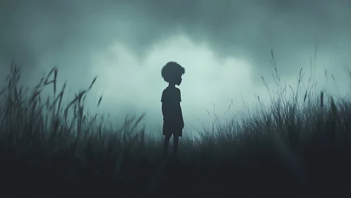 Silhouetted child in misty twilight grassland with storm clouds