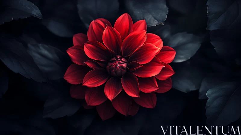 Luminous Crimson Dahlia with Layered Petals Against Dark Atmospheric Background