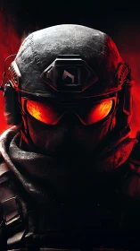 Tactical cyber-soldier portrait with incendiary visor glow.