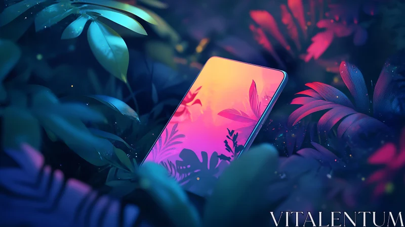 Dreamy neon smartphone resting in a lush digital jungle.
