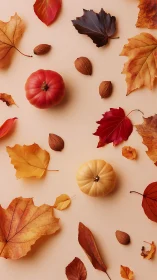 Autumn pumpkins with dry maple leaves on beige background.