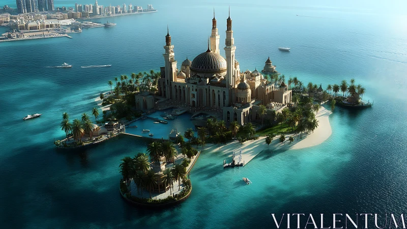 Ornate Mosque on Turquoise Island Paradise with Modern Skyline