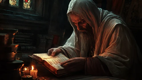 Digital painting of hooded sage reading illuminated grimoire.