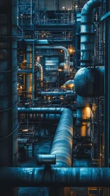 Industrial pipes and towers in moody teal-orange light.