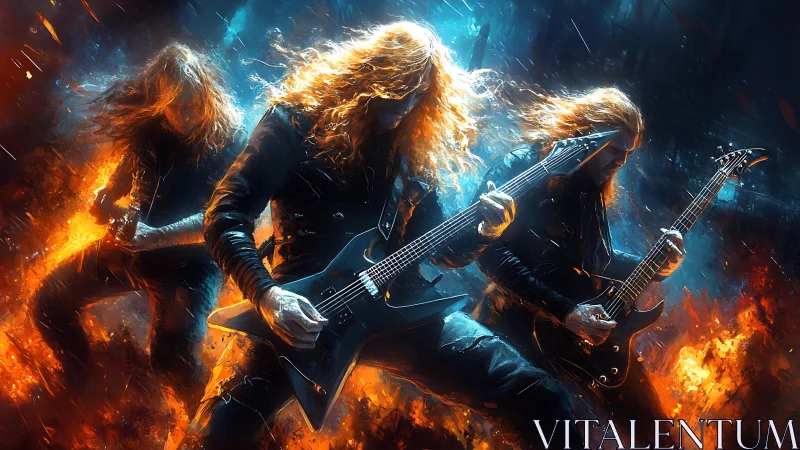 Explosive metal guitar trio in blazing stage inferno.