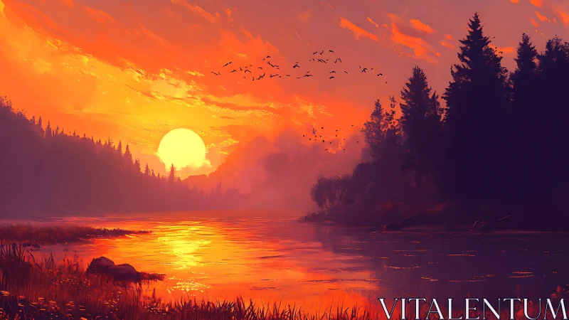 Emberriver sunset symphony over whispering pine silhouettes.