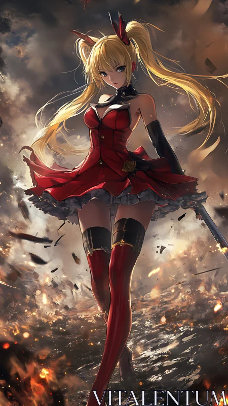 Fiery anime warrior in red dress amid explosive battlefield.