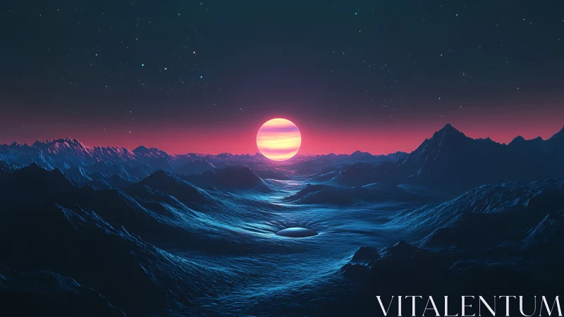 Spectral exoplanet sunrise over glacial fractal basin horizon.