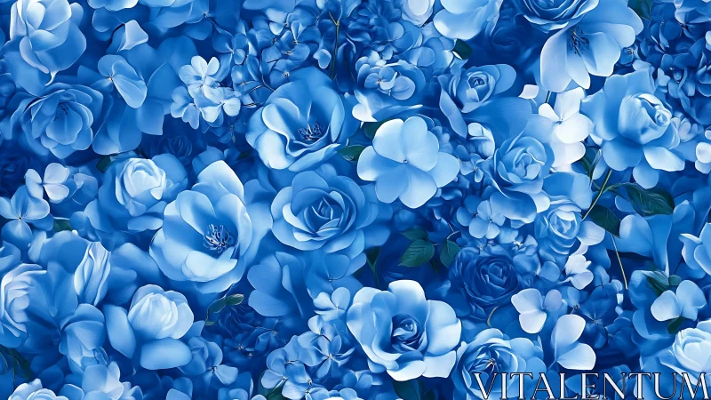 Blue floral abundance: densely layered roses and blooms in graduated monochromatic palette.