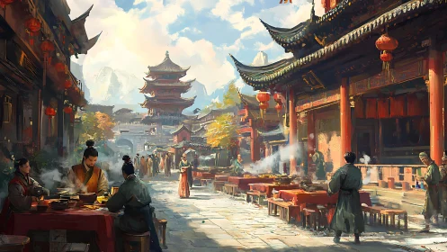 Crowded historical street market shows diners and temples