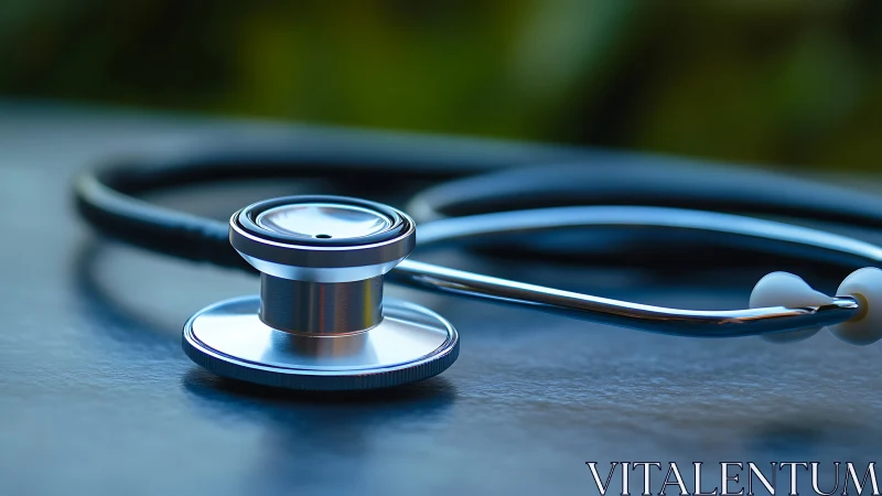 Clinical stethoscope close-up on reflective exam surface.