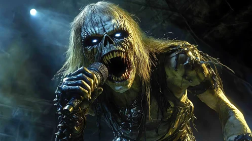 Photoreal undead metal vocalist with aggressive stage framing.