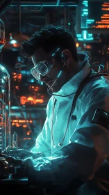 Cybernetic lab researcher illuminated by teal-orange neon light