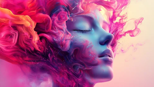 Neon gradient portrait merges fluid dynamics with digital surrealism