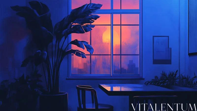 Neon dusk window scene with silhouetted indoor plants