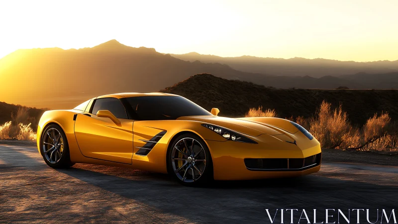 Golden highway comet idles beneath a molten desert sunset.