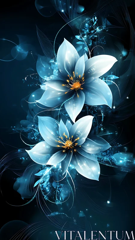 Digital composite rendering displays two luminescent flowers against dark background