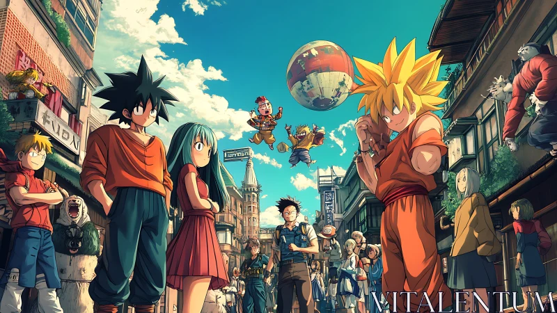 Anime street scene with spiky-haired fighters and onlookers.