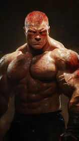 Sinewed titan glares through embers while battle sweat blazes