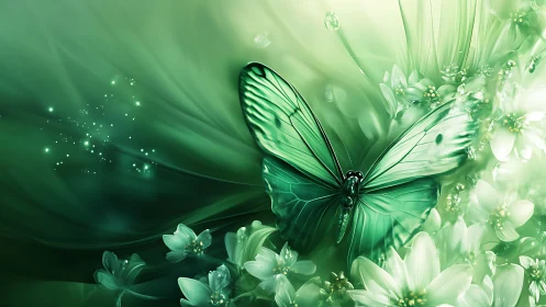 Gentle green butterfly rests among softly glowing flowers
