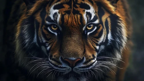 Symmetrical frontal tiger portrait under low key illumination.