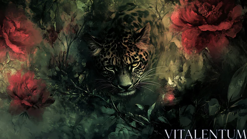Velvet Beast Amid Crimson Blooms: A Predator's Floral Dance