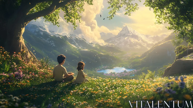 Children observe alpine valley panorama under golden light