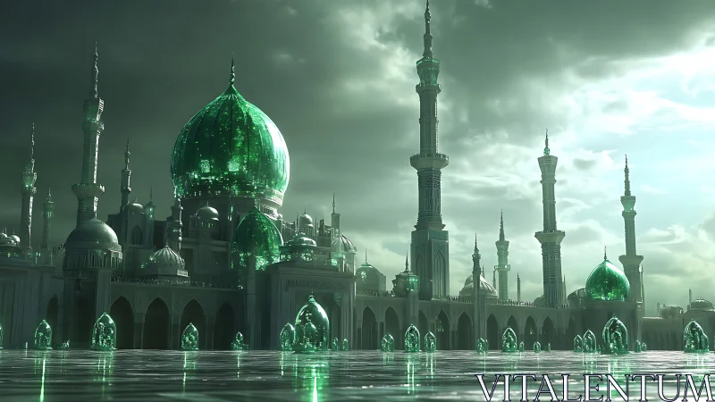 Green domed mosque complex under overcast sky in 3D render.