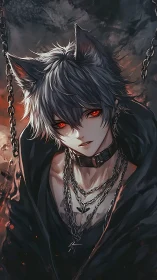 Demonic wolf-eared boy with chains in burning dusk