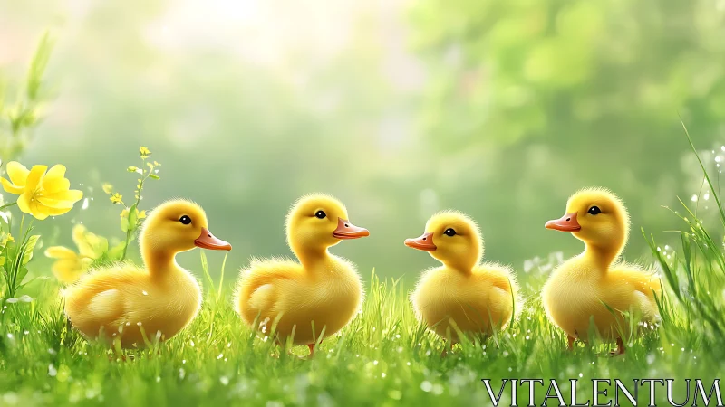 Four fluffy ducklings glow in soft spring garden light