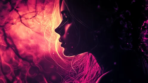 Side-lit female profile in magenta bokeh atmospheric glow