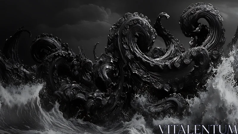 Dark tentacled mass rises from storm sea in monochrome scene