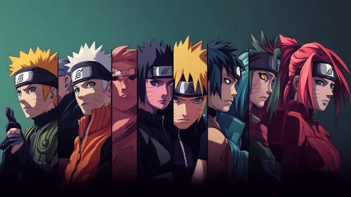 Multi-character anime line-up uses segmented portrait framing and rim lighting