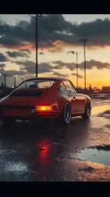 Classic orange sports car glows against a rainy sunset road