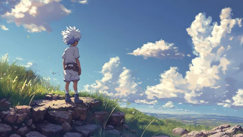 Boy on rocky hill under vast summer sky at horizon edge.