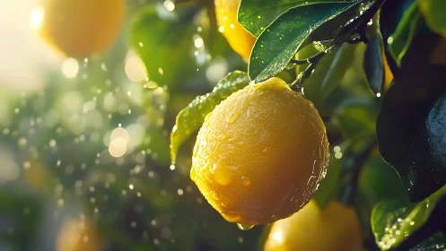 Ripe lemon on tree branch with water droplets in sun.