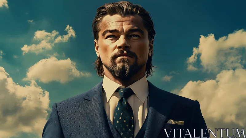 Confident suited man gazing upward beneath glowing clouds.