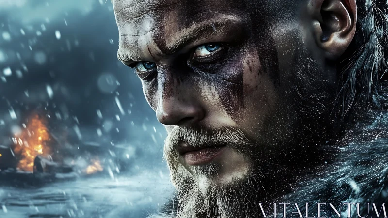 War-scarred Viking warrior in icy cinematic close-up portrait.